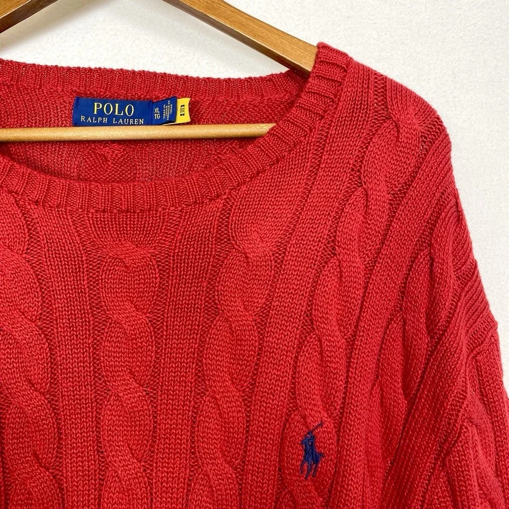Polo Ralph Lauren Mens Sz XLT Sweater Chunky Cable Knit Classic Red Quiet Luxury